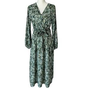 Maxi Dress Womens M Green Animal Print Flowy Country Cottage Boho Resort